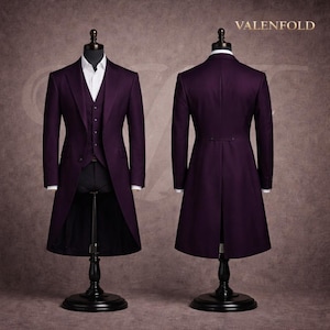 May include: A formal purple suit displayed on a mannequin. The suit includes a long tailcoat, vest, and a white collared shirt. The front and back views are shown. The brand name "VALENFOLD" is printed in gold on the top right.