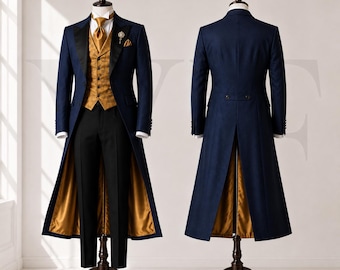 Navy Tailcoat Suit, Royal Wedding Groom Formalwear, Gold Brocade Waistcoat, Regency Style Coat