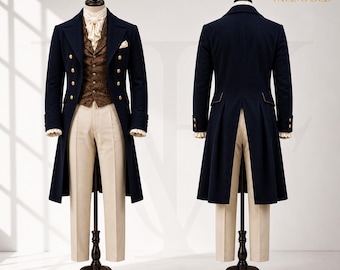 Men's Navy Blue Victorian Regency Tailcoat – Formal Wedding Groom Bridgerton Style Suit