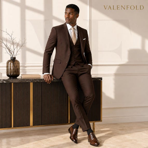 VALENFOLD Chocolate Brown Three-piece Suit – Luxury Tailored Menswear Formal Tuxedo