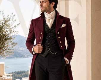 Burgundy Regency Tailcoat Suit, Aristocrat Formal Tuxedo, Wedding Groom Wear