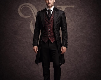 Men's Victorian Gothic Frock Coat Suit, Burgundy Vest, Steampunk Wedding Groom Outfit