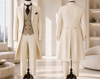 Men's Ivory Victorian Tailcoat Suit, 3-Piece Wedding Groom Formal Wear