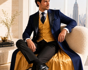 Navy Blue Victorian Tailcoat Suit, Gold Waistcoat, Formal Trousers, Regency Attire