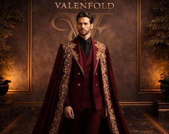 Traje de capa color burdeos para hombre, atuendo de boda gótico real para novio, ropa formal de lujo bordada para hombre.