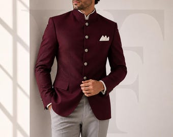 Men's Burgundy Jodhpuri Suit with Light Grey Trousers – Wedding Groom Reception Outfit