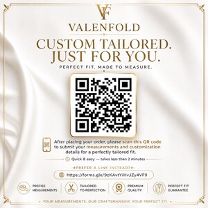Puede incluir: Gr&aacute;fico color crema con el texto "VALENFOLD CUSTOM TAILORED. JUST FOR YOU." Un c&oacute;digo QR est&aacute; en el centro. El texto de abajo dice "PERFECT FIT. MADE TO MEASURE."