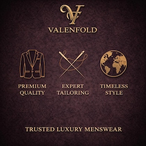 Peut inclure: Logo dor&eacute; avec le texte "VALENFOLD" et les mots "PREMIUM QUALITY", "EXPERT TAILORING" et "TIMELESS STYLE". L'expression "TRUSTED LUXURY MENSWEAR" est en bas. Le fond est marron fonc&eacute;.