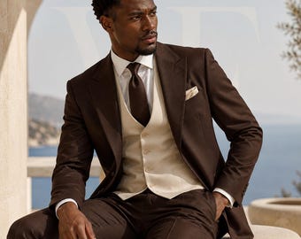 VALENFOLD Chocolate Brown Tuxedo Suit: Italian Wool Blend, Ivory Vest, Modern Fit
