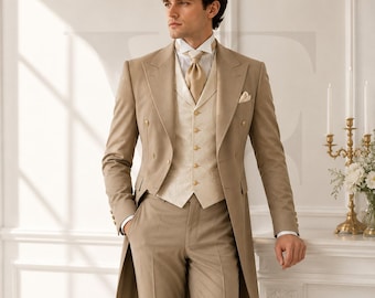 Beige Regency Tailcoat Suit, Three-Piece Wedding Groom Formal Old Money Ensemble