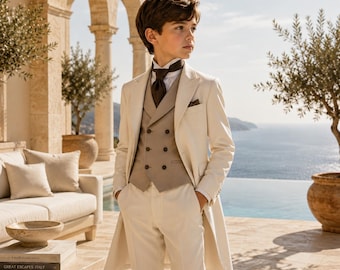 Boys Ivory Victorian Tailcoat Suit, Ring Bearer Formal Outfit, Page Boy Wedding Ensemble