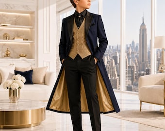 Boys Navy Victorian Tailcoat Suit, Gold Brocade Vest, Royal Prince Formalwear