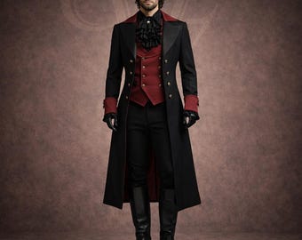 Men's Gothic Victorian Tailcoat Suit | Black & Burgundy Steampunk Formal Wear