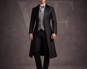 May include: A formal black overcoat with a double-breasted design, paired with a gray vest, dress shirt, and black trousers. The outfit is completed with a bow tie. The brand name "VALENFOLD" is visible in the upper right corner.