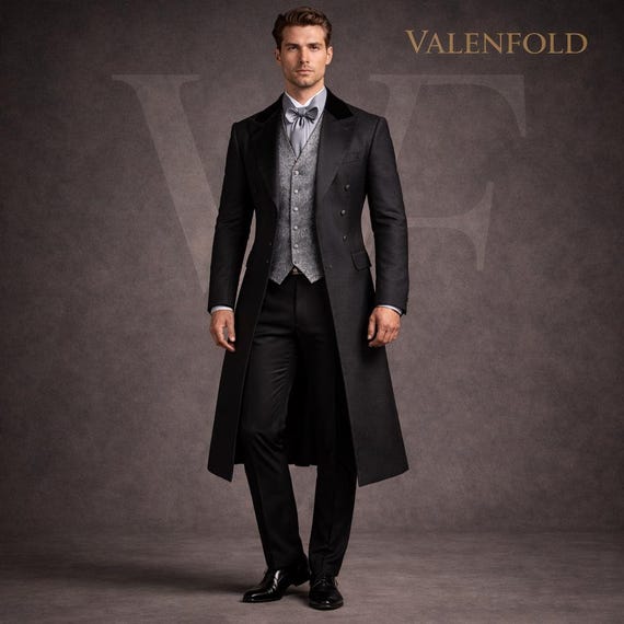 Black Victorian Tailcoat Suit, Gothic Wedding Groom Outfit, Silver Vest Menswear