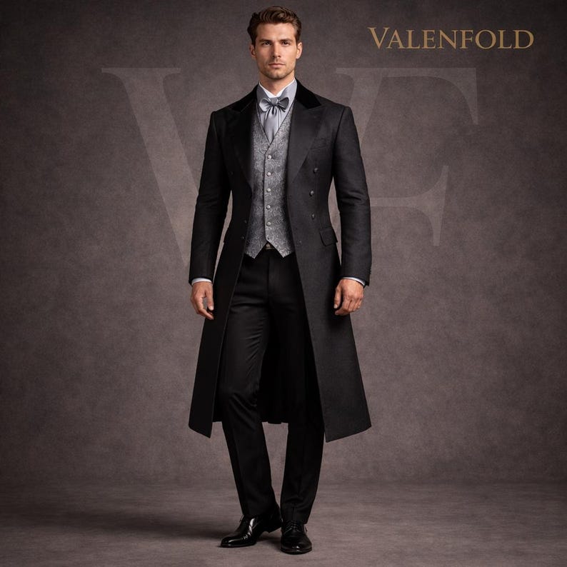 Peut inclure: Un long manteau noir &agrave; double boutonnage, associ&eacute; &agrave; un gilet gris, une chemise et un pantalon noirs. La tenue est compl&eacute;t&eacute;e par un n&oelig;ud papillon. Le nom de la marque "VALENFOLD" est visible en haut &agrave; droite.