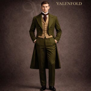 May include: A formal olive green suit with a long coat, vest, and trousers. The suit features a double-breasted coat, a tan vest, and a burgundy ascot. The suit is worn with black dress shoes. The word "VALENFOLD" is printed at the top of the image.