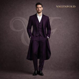 May include: A formal, deep purple suit with a long tailcoat design. The suit includes a matching vest and trousers, paired with a white dress shirt. The image features the brand name "VALENFOLD" in gold lettering.