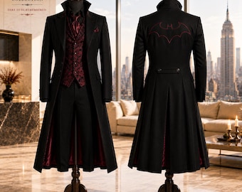 Gothic Tailcoat Suit: Black Burgundy Brocade Vest, Vampire Prince Coat Halloween Formal Tuxedo