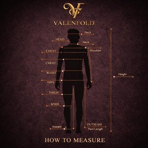 May include: A diagram with the text "VALENFOLD" and "HOW TO MEASURE". A silhouette of a person with labeled measurement points: head, neck, chest, waist, hips, thigh, knee, inseam, outseam, and height. The background is a dark burgundy color.