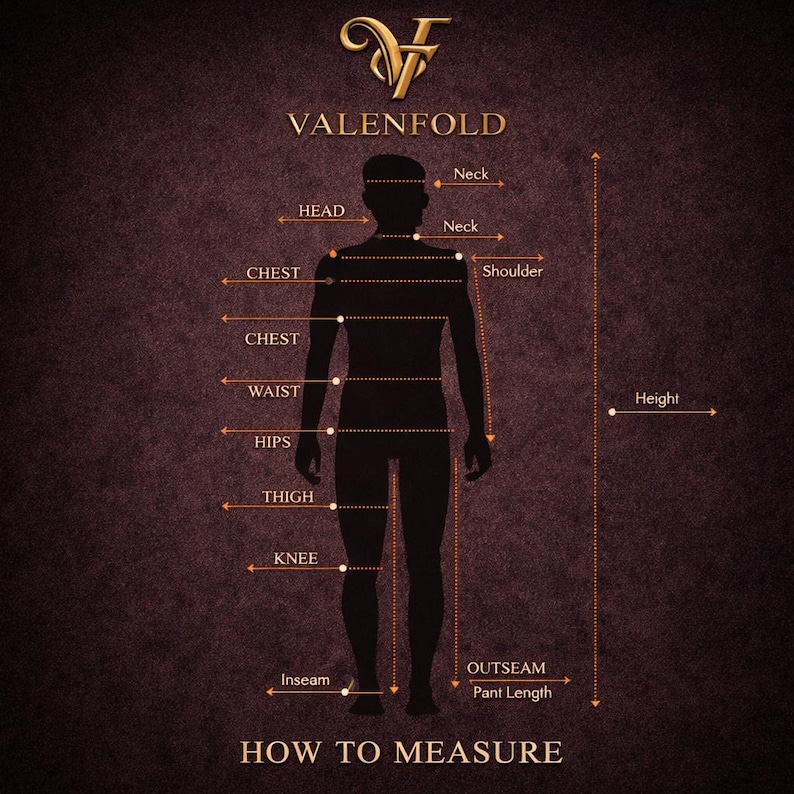 May include: A diagram with the text "VALENFOLD" and "HOW TO MEASURE". A silhouette of a person with labeled measurement points: head, neck, chest, waist, hips, thigh, knee, inseam, outseam, and height. The background is a dark burgundy color.