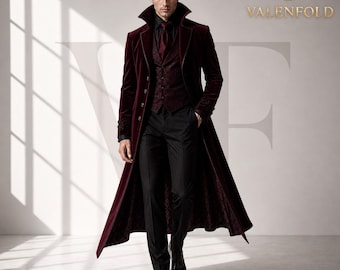 May include: A burgundy velvet coat with a wide collar, paired with a matching vest and black trousers. The coat features ornate detailing on the sleeves and is buttoned up. The outfit is completed with a black shirt and tie.