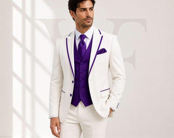 Ivory Wedding Tuxedo, Royal Purple Vest, Slim Fit, Formal Reception, Old Money Style