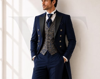 Navy Blue Tailcoat Suit, Double-Breasted Brocade Vest, Formal Tuxedo for Weddings