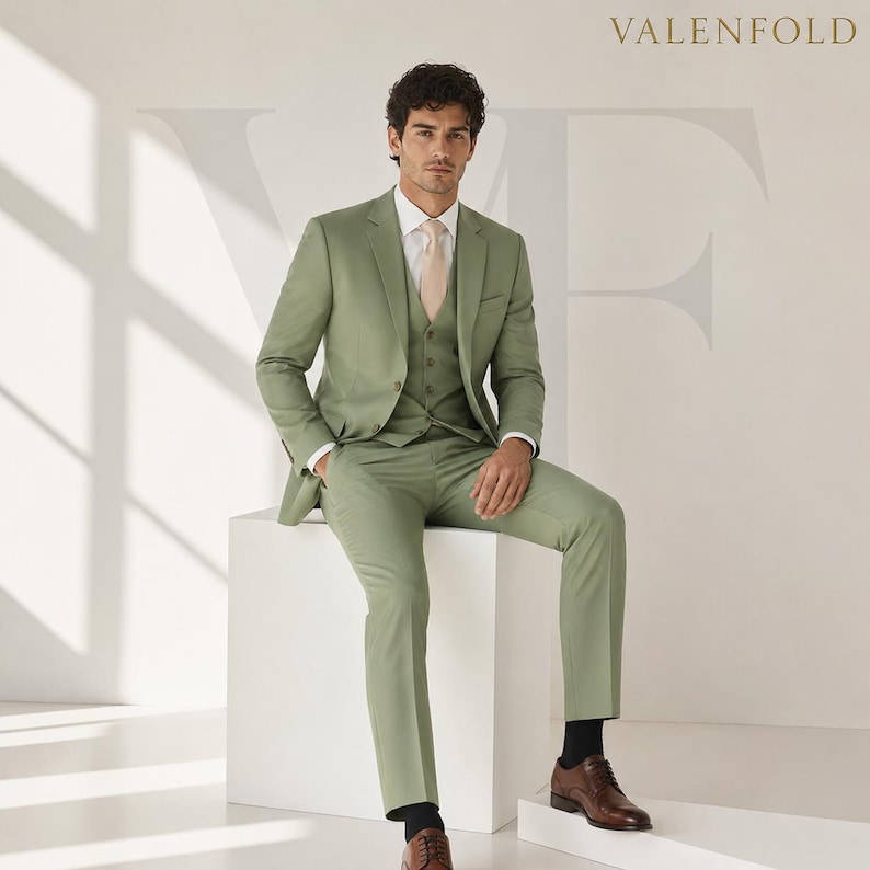 Puede incluir: Un traje de tres piezas verde salvia, que incluye chaqueta, chaleco y pantal&oacute;n, usado con una corbata melocot&oacute;n claro y una camisa blanca. El traje se combina con zapatos de vestir de cuero marr&oacute;n y calcetines negros. El logotipo de VALENFOLD es visible.
