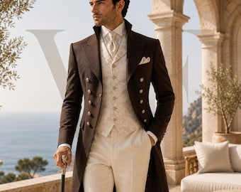 Chocolate Brown Regency Tailcoat Suit, Aristocrat Formal Wedding Groom Coat
