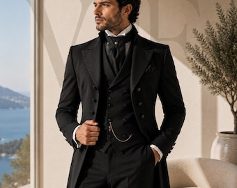 VALENFOLD Black Wool Tailcoat Suit, Regency Formal Menswear, Wedding Groom Apparel