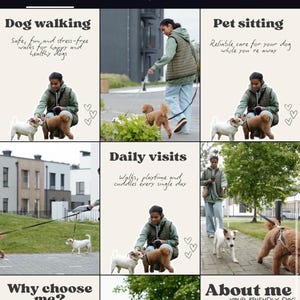 Puede incluir: Una cuadrícula promocional que presenta servicios para el cuidado de perros, incluyendo paseos, cuidado de mascotas y visitas diarias. Las imágenes muestran a una persona interactuando con diferentes razas de perros. El texto incluye "Dog walking", "Pet sitting" y "Daily visits".