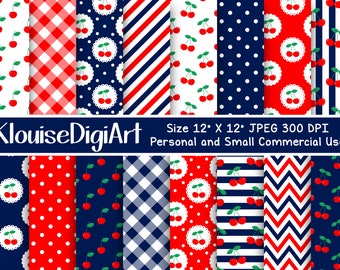 Cherries, Stripes, Dots and Gingham Digital Printable Papers in Red and Navy Blue
