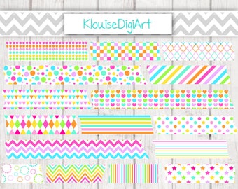 Rainbow Digital Printable Washi Tape Clipart with Polka Dots, Chevron and Stripes