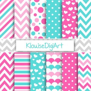 Pink and Turquoise Blue Valentine&#39;s Day Digital Papers with Hearts, Chevrons and Stripes