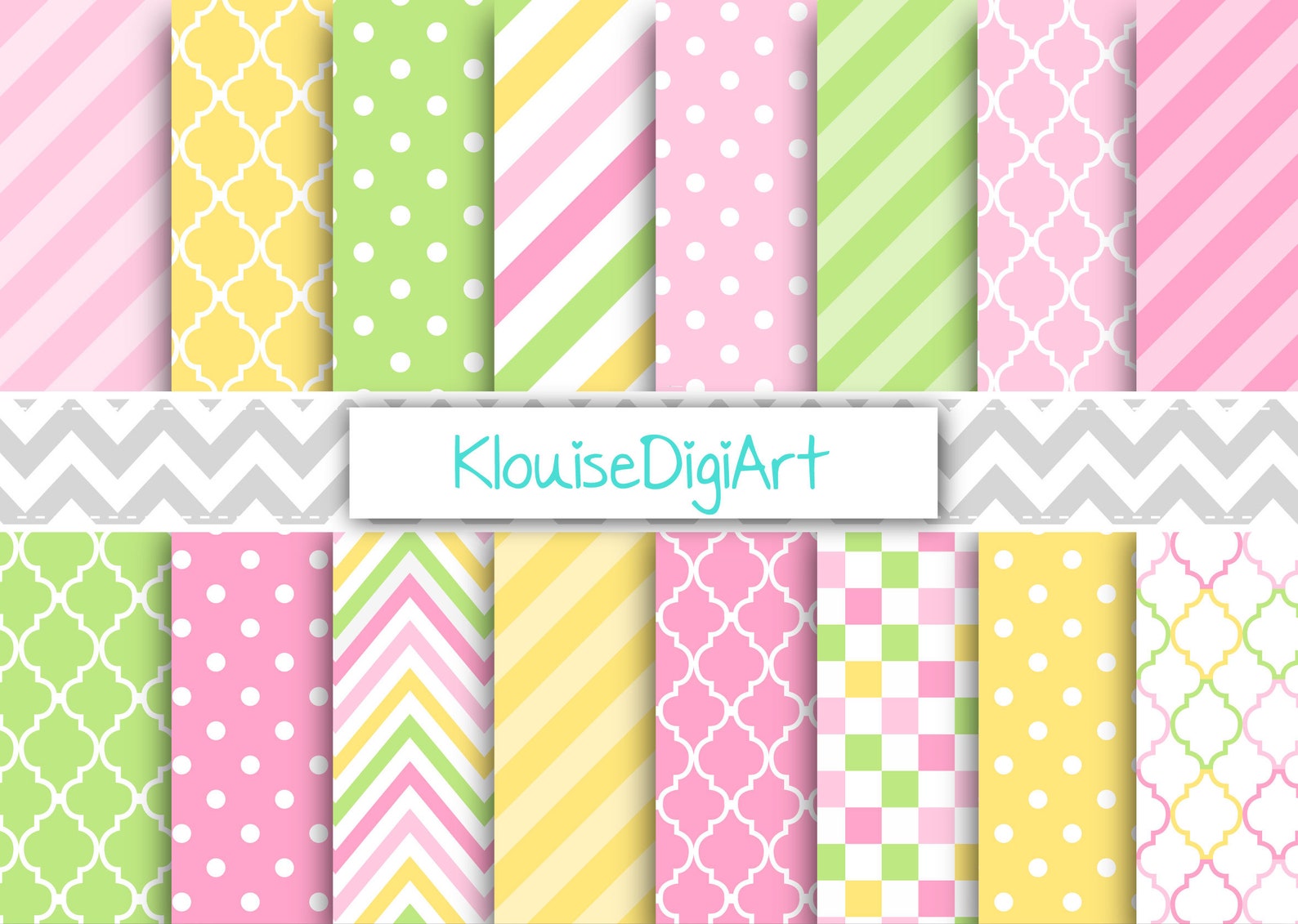 Pink Yellow and Green Printable Digital Papers With Stripes | Etsy Canada