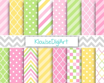 Pink, Yellow and Green Printable Digital Papers with Stripes, Quatrefoil, Chevrons, Polka Dots