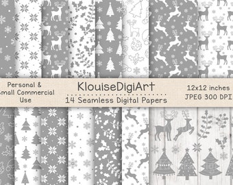Seamless Christmas Winter Reindeer Digital Printable Papers in Silver with Clipart