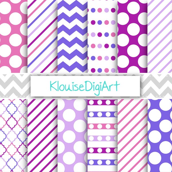 Pink and Purple Printable Digital Paper with Polka Dots, Quatrefoil, Stripes and Chevrons