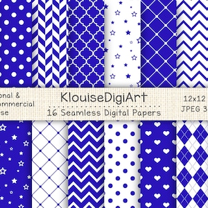 Papiers numériques imprimables bleu roi et blanc sans couture à pois, chevrons, rayures