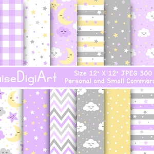 Papeles imprimibles digitales de luna, estrellas y nubes en violeta brillante, amarillo y gris