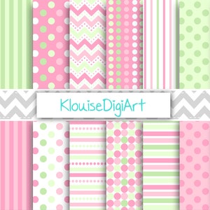 Op de afbeelding: Een set van 12 digitale papierpatronen in roze, groen en wit. De patronen omvatten strepen, stippen en chevron-ontwerpen. De tekst "KlouiseDigiArt" staat in het midden van de afbeelding.