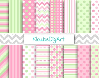 Strawberry Pink and Green Digital Papers with Dots, Stripes and Chevrons