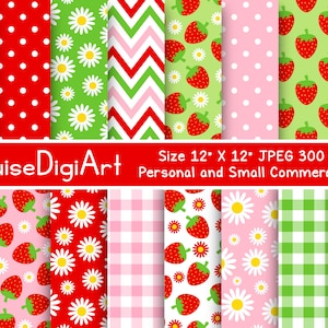 Erdbeeren, Gänseblümchen, Punkte und Gingham Digital Printable Papiere in Rot, Pink und Hellgrün