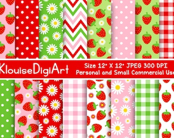 Strawberries, Daises, Dots and Gingham Digital Printable Papers in Red, Pink and Bright Green