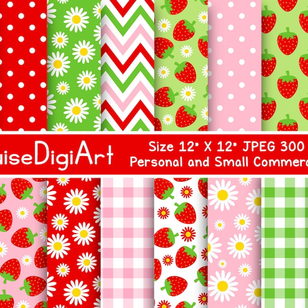 Strawberries, Daises, Dots and Gingham Digital Printable Papers in Red, Pink and Bright Green