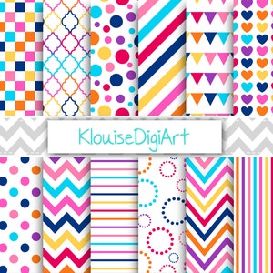 Rainbow Digital Papers in Navy, Yellow, Pink, Orange with Quatrefoil, Chevrons, Polka Dots, Checks, Flags