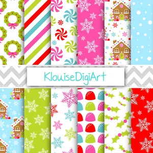 Pink Christmas Gingerbread House Digital Papers with Snowflakes, Snow, Chevrons, Stripes