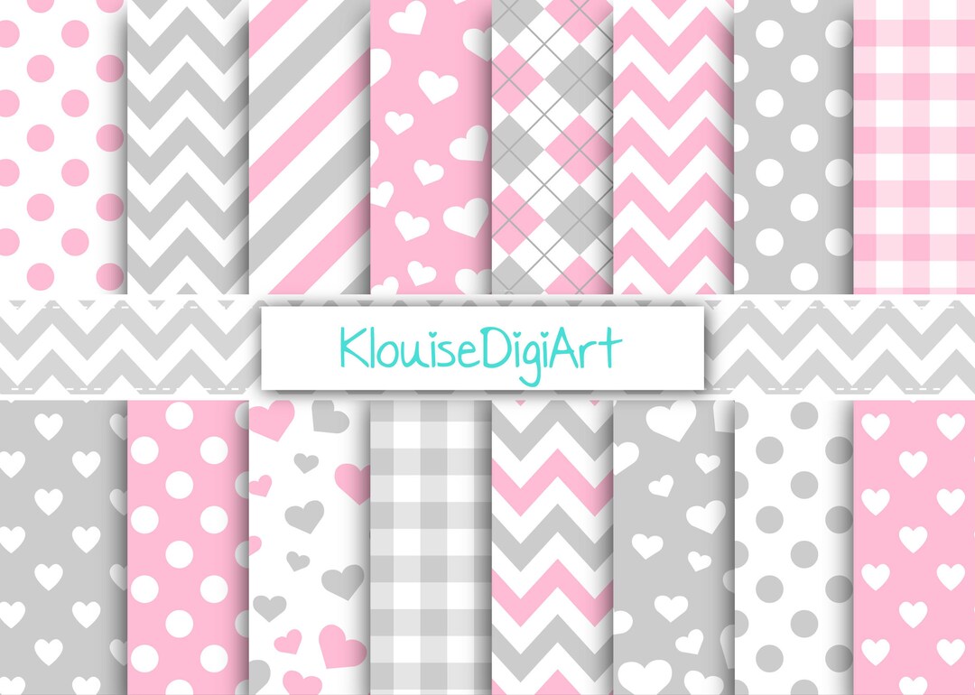 Baby Pink and Gray Digital Printable Papers With Chevrons, Hearts ...