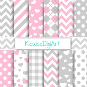 Baby Pink and Gray Digital Printable Papers with Chevrons, Hearts, Gingham
